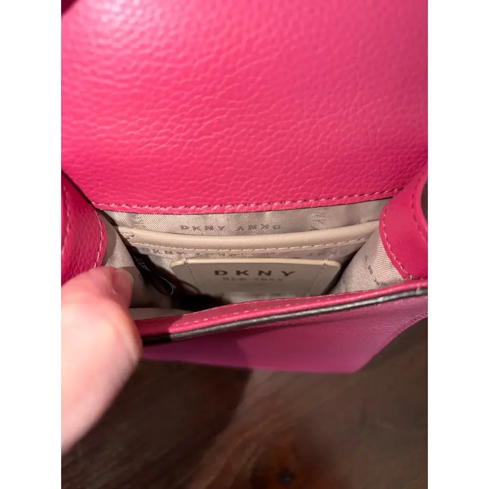 DKNY Pink Pebbled Leather Phone Crossbody Bag Gold Tone Lock Charm Chain Leather - Picture 7 of 11